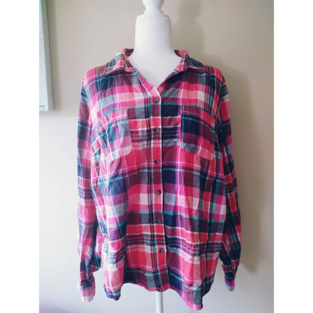 Sonoma Red, Hot Pink and Teal Plaid Button Up Top